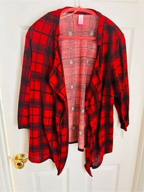 No Boundaries Red and Black Plaid Open-Front Cardigan